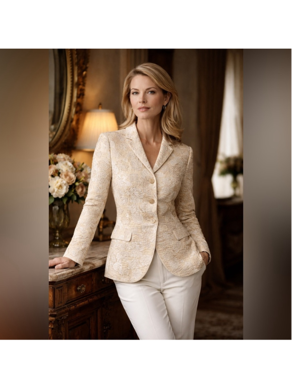 Lilith Blazer Womens S Floral Jacquard Tailored Vintage Romantic Academia Beige